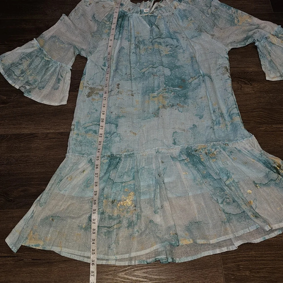 Debbie Katz Nalai Tunic Aqua Metallic Block Print Midi Dress Sz M Cottagecore - Picture 14 of 16